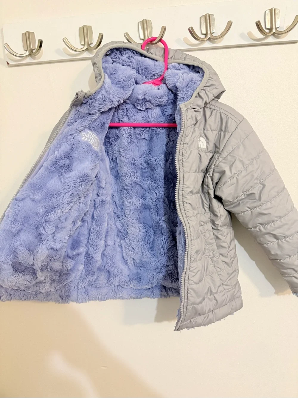 The North Face Light Gray Reversible Puffer Jacket with Purple Lining